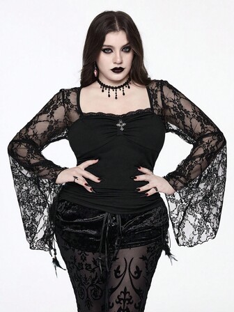 Goth Blusa da donna con scollo quadrato, maniche a sbuffo, patch in pizzo e motivo a croce gotico