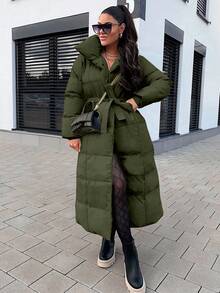 EURMUSE Solid Belted Puffer Coat