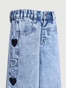 SHEIN ChillGRL Young Girls Baggy Jeans Y2k Oversized Jeans Wide Leg Jeans Girls Baggy Girls Jeans Loose Jeans New Arrival 2025 Aesthetic Clothes For Teens Girls' Jeans, New Arrival For  2026, Light Wash Denim With Heart Embroidery, Side Panel Design, Relaxed Straight Leg, Versatile For Holidays, Casual Outings, School, Parties, Christmas And More Young Girl Heart Embroidered Casual Wide Leg Distressed Washed Denim Jeans, Suitable For Spring, Summer, Autumn, Winter, Street Style - Light Wash - View 5