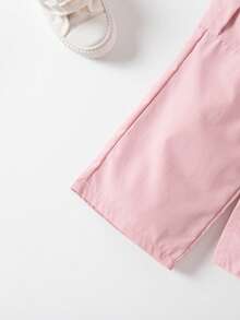 SHEIN Bộ 2 món áo ba lỗ hở vai cổ tròn màu trơn và quần túi hộp cho bé gái, mùa hè - Hồng - Xem 3
