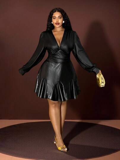 Veslaya 2025 New Autumn And Winter Women's Plus Size Holiday, New Year's Valentine's Day Elegant Black PU V-Neck Pleated Long Sleeved Plus Women's Versatile Dress, Mini Skirt, Suitable For Christmas Sweaters/Comfortable Women's Autumn And Winter Clothing/New Year's Clothing/Business Wear/Women's Elegant Tops/Commuting Airport Wear/Women's Thanksgiving Wear
