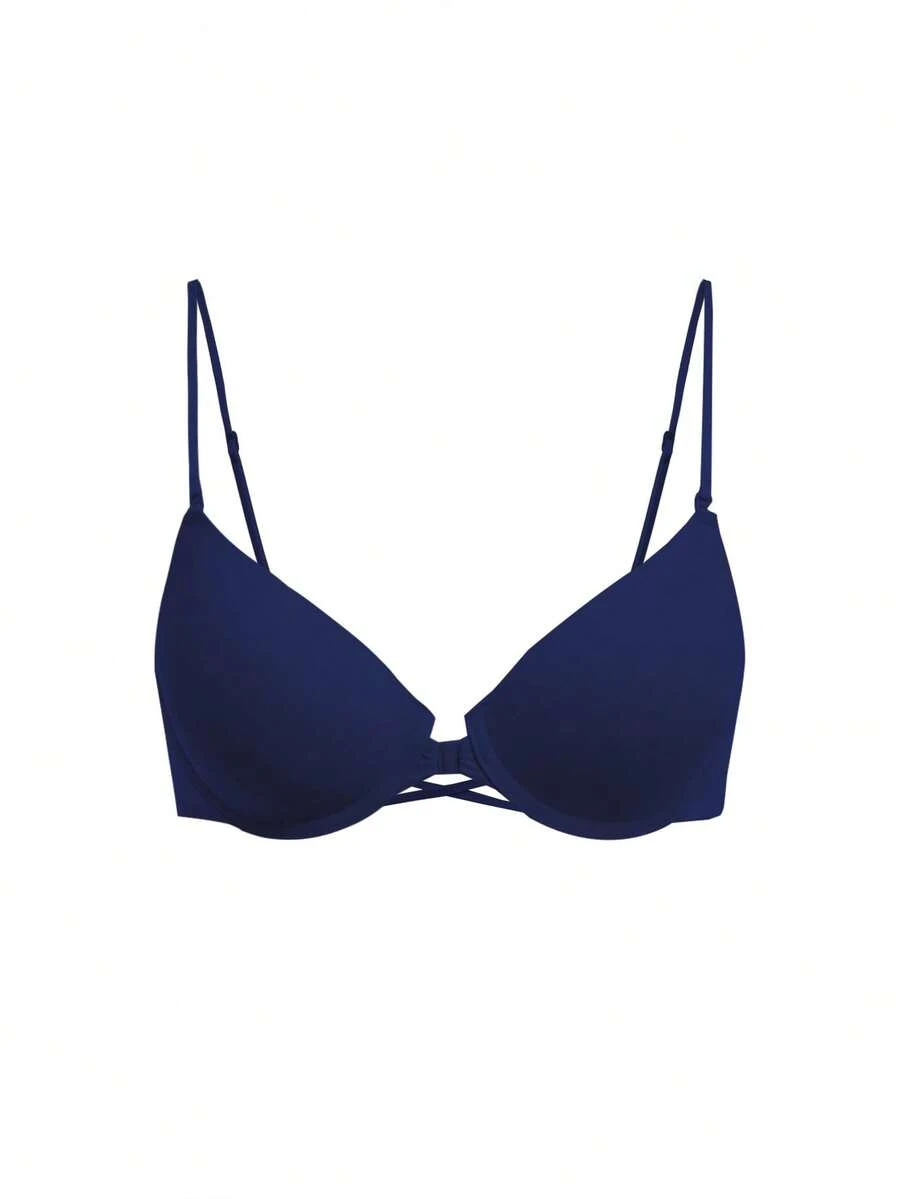 EasyFave Sujetador sexy de mujer con tirantes finos y cierre frontal de unicolor - Azul - Ver 1