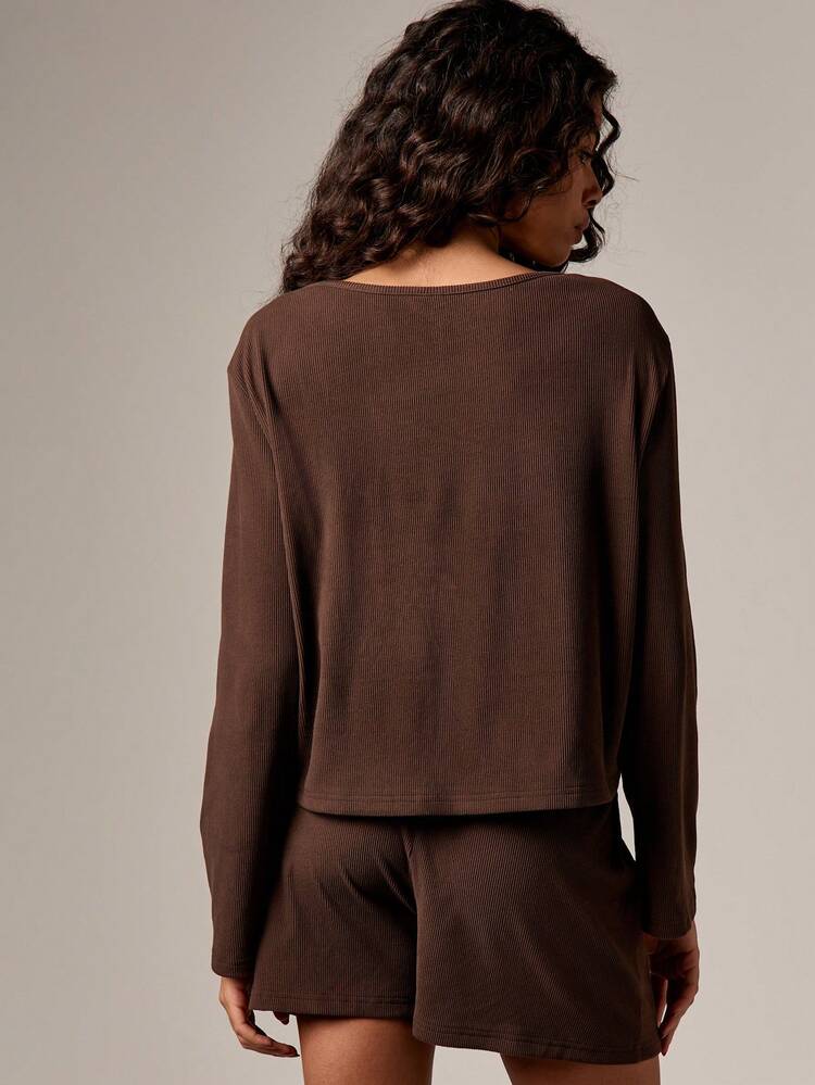 Ribbed Button Front Pajama Set With Shorts