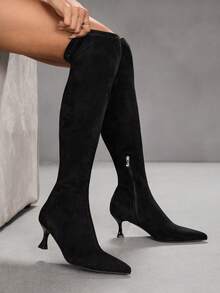 CUCCOO SZL 女士黑色麂皮时尚超高过膝长靴，尖头猫跟，优雅简约弹力过膝长靴 - 黑色 - 查看 11