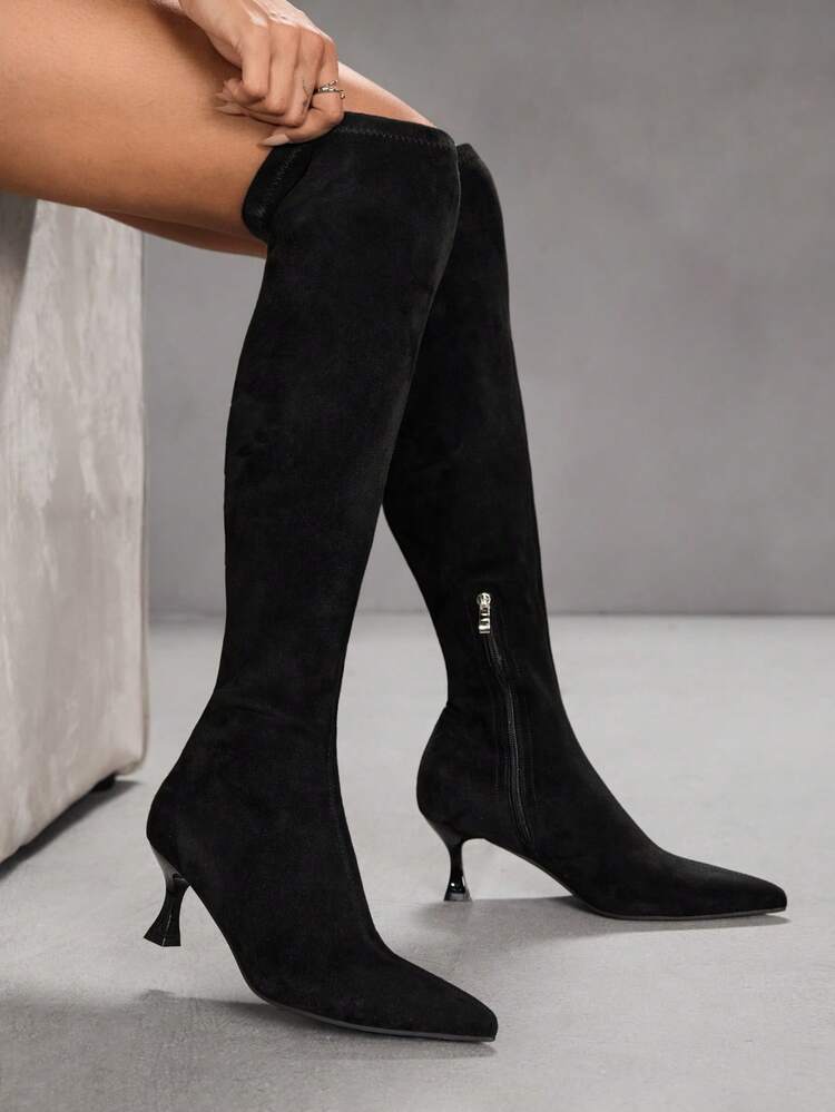 CUCCOO SZL Women's Black Suede Fashion Super High Over-The-Knee Boots, Pointed Toe Kitten Heel, Elegant Minimalist Stretch Thigh High Boots For Christmas