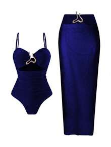 Swim Oasis 2026 New Women's Solid Color 2-Piece Strap Hollow Out Swimsuit With Mesh Maxi Skirt, Summer Casual One Piece Swimsuit Set Navy Blue Outfit Women Swimwear 3 Pieces Set Navy Blue Skirt Navy Blue Swimsuit Women's Navy Blue Outfit - Blue - View 8