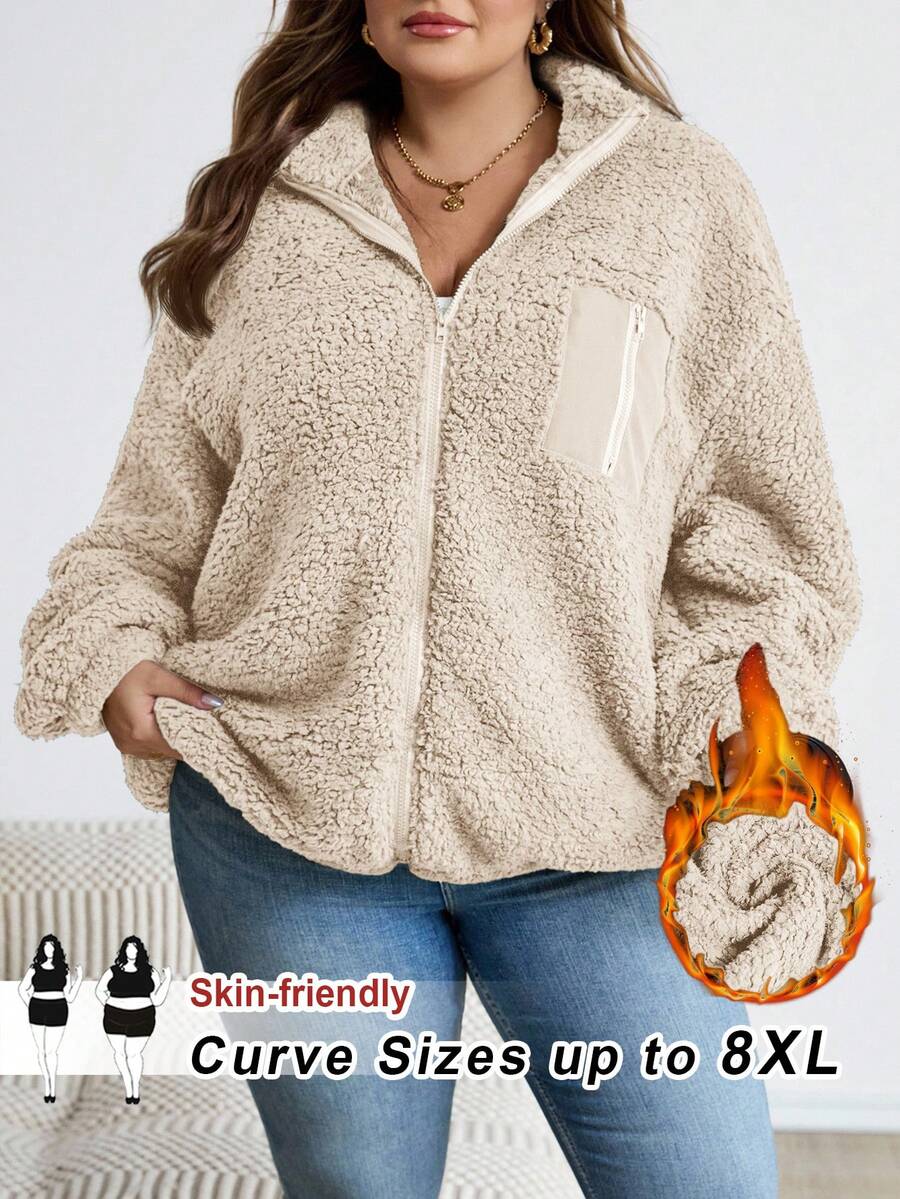 SHEIN CURVE+ Plus Size Solid Color Sherpa Zip-Up Long Sleeve Jacket, Autumn/Winter - Apricot - View 1
