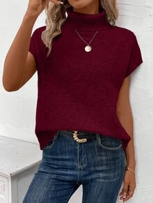 EURMUSE Women's Casual Solid Color Turtleneck Batwing Sleeve Sweater Vest, Summer - Burgundy - View 3