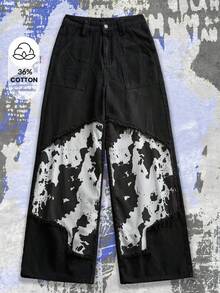 Y2Kool Jeans femme hiver nouvel an noir Y2K rétro américain vintage patch étoile déchiré jambe large sexy, pantalon en jean ample lavé ample pour automne, pantalon imprimé vache noir ample jeans emo, collection de vêtements tenue nouvel an gyaru coton jean graphique - Noir - Voir 7
