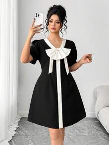 SHEIN Elenzya Đầm xòe phối màu dành cho nữ cỡ lớn, thiết kế nơ, thích hợp cho ngày Valentine. - màu đen - Xem 3