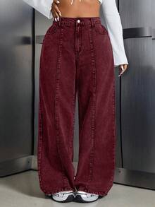 Jeanoix Quần jean ống rộng cạp cao, túi hộp, dáng rộng, thường ngày đa năng cho nữ cỡ lớn - Màu Đỏ Sâu - Xem 1