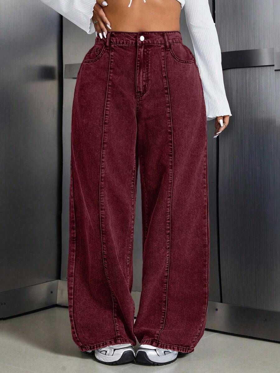 Jeanoix Quần jean ống rộng cạp cao, túi hộp, dáng rộng, thường ngày đa năng cho nữ cỡ lớn - Màu Đỏ Sâu - Xem 1