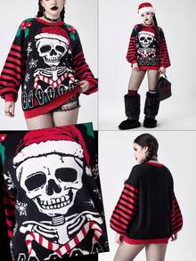 ROMWE Goth Dark Christmas Tree, Skull, Snowflake, Candy Cane Pattern Women Sweater - Multicolor - View 1