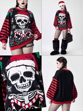 Goth Suéter de mujer con patrón de árbol de Navidad oscuro, calavera, copo de nieve y bastón de caramelo