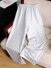 SHEIN Teen Girl Basic Knit Light Gray Drawstring Waist Loose Casual Wide Leg Pants