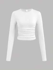 SHEIN Girlism 3pcs/Set Teen Girl Solid Color Crew Neck Ruched Long Sleeve T-Shirts - Blue - View 6