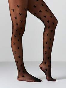 Missguided x Playboy 透明连裤袜，通体饰有兔子印花图案，适合日常穿着和特殊场合。 - 黑色 - 查看 3