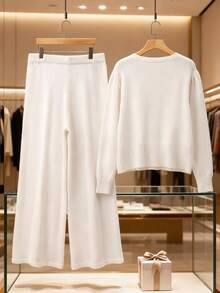 GlowEve CURVE Plus Size Fashion Casual Loose Knit Cardigan Sweater And Straight Leg Pants Two Pieces Set - Beige - View 2