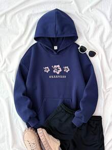 SHEIN 少女藏蓝色刺绣花卉休闲宽松套头卫衣 - 藏蓝色 - 查看 3