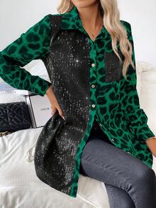 Calvaya Camisa de manga larga holgada con bloqueo de color, botones y lentejuelas negras, para mujer, estampado de leopardo, para fiesta, otoño e invierno, festival de música, casual, para citas en casa - Verde - Ver 7