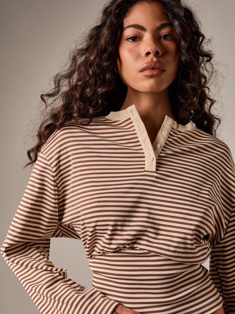 Striped Long Sleeve Henley With Contrast Collar