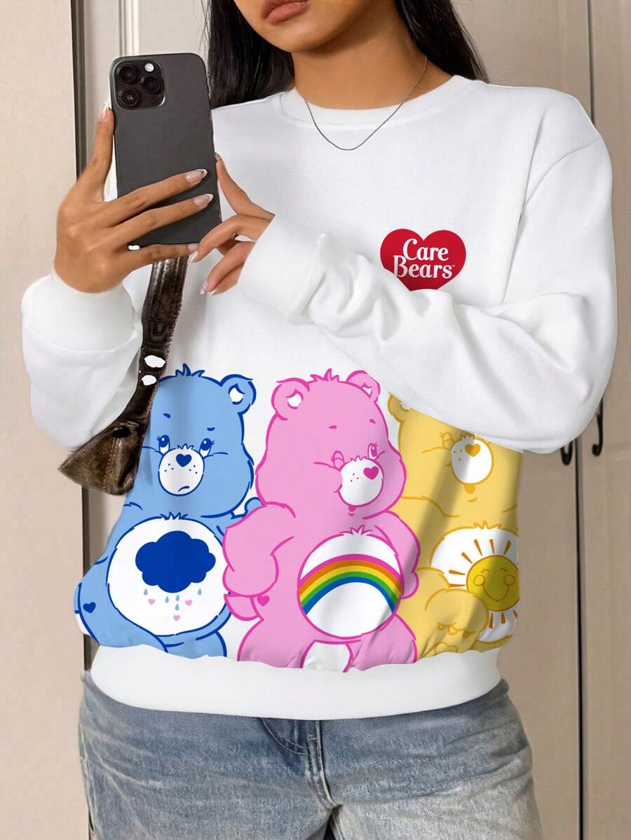 SHEIN X Care Bears 圆领长袖白色舒适秋冬卫衣,Cheer Bears 熊 Funshine 熊卡通心形和英文字母印花图案,适合女士 - 白色 - 查看 1