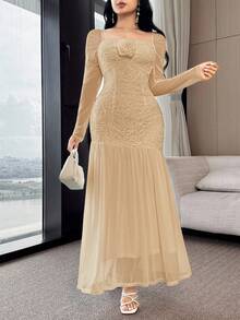 Modelyn Women Solid Color Textured Long Sleeve Midi Dress - Khaki - View 4