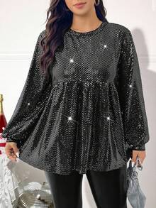 SHEIN LUNE 大码女式圆领灯笼袖荷叶边下摆亮片装饰衬衫 - 黑色 - 查看 7