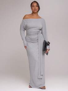 MUSERA Robe longue à manches longues avec épaules dénudées, nouée, côtelée. Tenue de tous les jours décontractée, Y2K, pour l'automne et l'hiver.