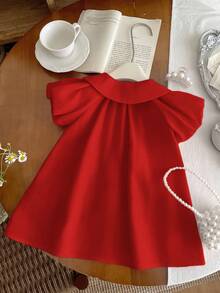 SHEIN Đầm tay ngắn cổ Peter Pan màu đỏ dễ thương cho bé gái, mùa hè - Đỏ - Xem 2