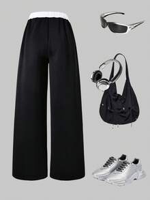 Sparklyn Teen GirlsThe Retro-Style, Multi-Colored, Sporty, Casual, Street-Style, Adjustable-Waist, Segmented, And Embroidered Straight-Leg, Insulated, Wide-Leg Pants Suitable For Both Autumn And Winter, Perfect For A Casual, Street-Style Look. - Black - View 2