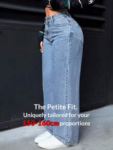 SHEIN PETITE 女士简约纽扣口袋休闲牛仔裤，日常穿着 - 淺藍色 - 查看 7