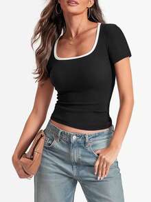 INAWLY Women's Casual Scoop Neck Short Sleeve Ringer Tee, Spring & Summer - Black - View 4