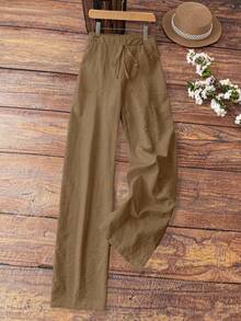 SHEIN PETITE 女士优雅度假休闲亚麻裤 - 卡其色 - 查看 1