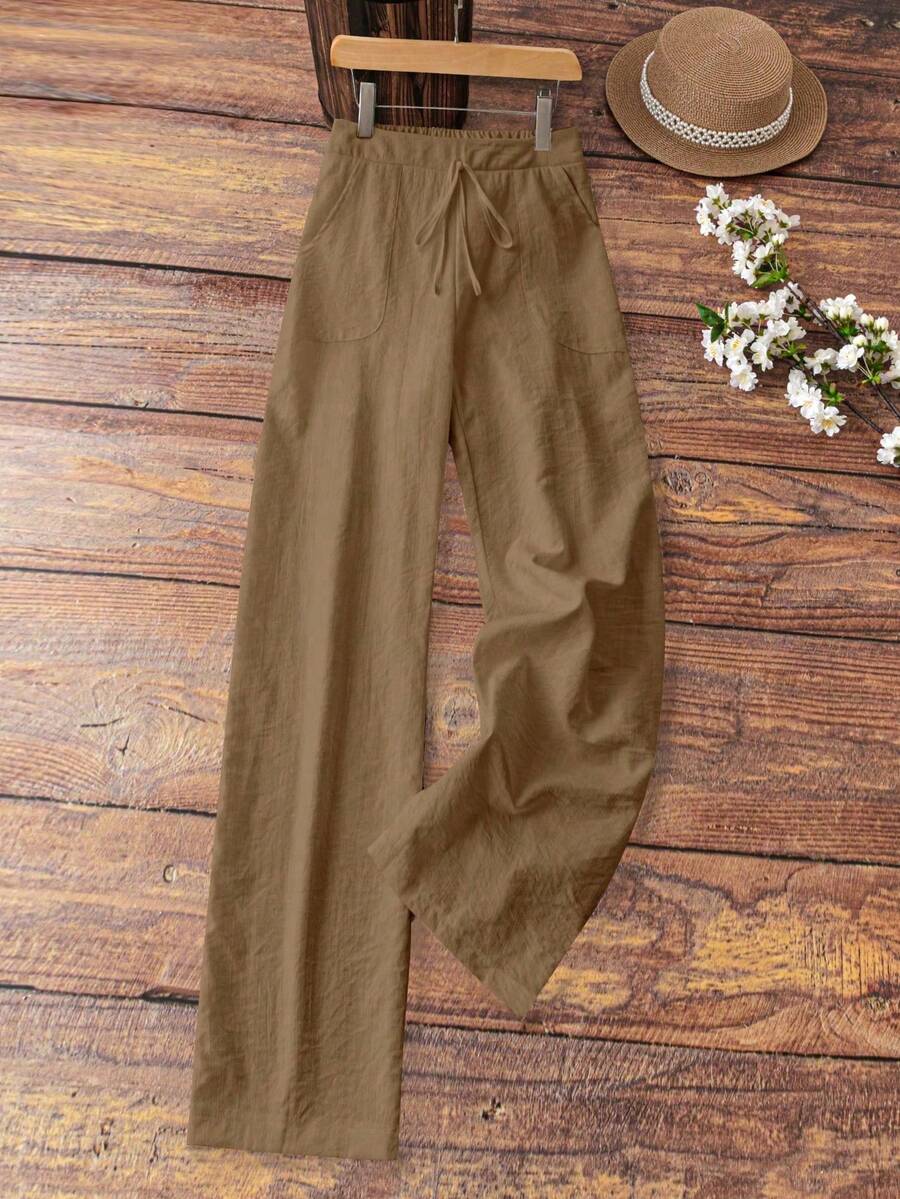 SHEIN PETITE Quần vải lanh giản dị thanh lịch cho kỳ nghỉ của phụ nữ - Màu Khaki - Xem 1