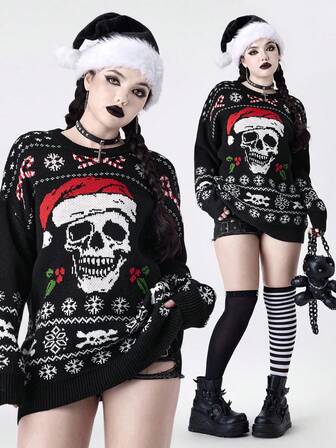 Goth Suéter holgado con estampado de calavera de Papá Noel en estilo gótico