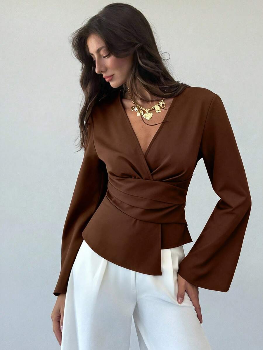 Aloruh Áo sơ mi dài tay cổ chữ V thắt eo màu cà phê, đi làm/đi chơi, áo nâu, áo cánh nữ, áo cánh thanh lịch dành cho nữ, lễ tạ ơn dành cho nữ, áo cánh sang trọng dành cho nữ, áo công sở, phong cách quý tộc, áo sơ mi trơn màu - Cà phê nâu - Xem 1