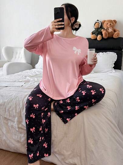Plus Size Cute Bow Print Long Sleeve Pajama Set