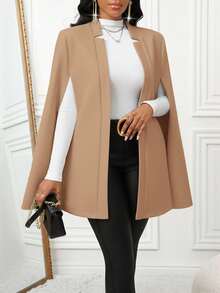 SHEIN Lady 黑色披肩羊毛大衣在秋冬季节时尚百搭，适合日常通勤、聚会和办公穿着。 - 卡其色 - 查看 3