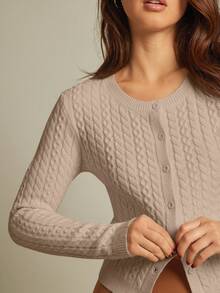 WESTFADE Mix Stitch Cable & Rib Knit Crew-Neck Button Front Cardigan Fall Autumn For Women Country Concert - Apricot - View 4