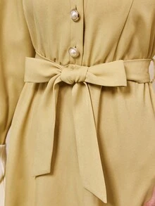 SHEIN Clasi Women's White And Yellow Autumn Winter Dress,High Neck Drawstring Waist Belt Colorblock Ellegant Tea Party Dress,Sophisticated Ladies Party Dress - Yellow - View 4