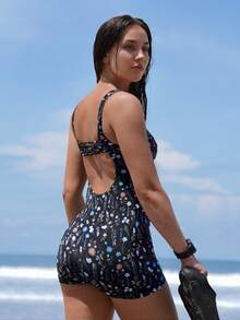 Swim SPRTY 1pc Women's Backless Racerback Tankini Swimsuit With Boyshort Bottoms, Beach Swimwear For Spring/Summer - Black - View 7