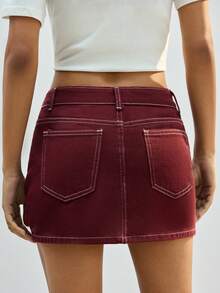 Maija 女士牛仔迷你裙，适合都市通勤、商务休闲、感恩节、圣诞节、新年派对等优雅场合，休闲时尚。 - 酒紅色 - 查看 5