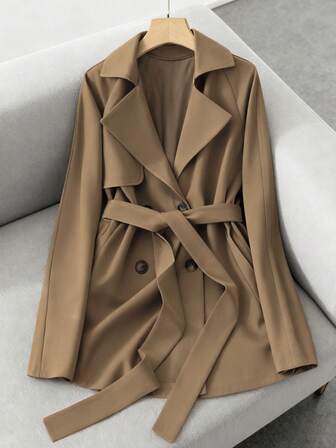 Écloséra Abrigo largo de mujer de unicolor con doble botonadura y cinturón, de manga larga