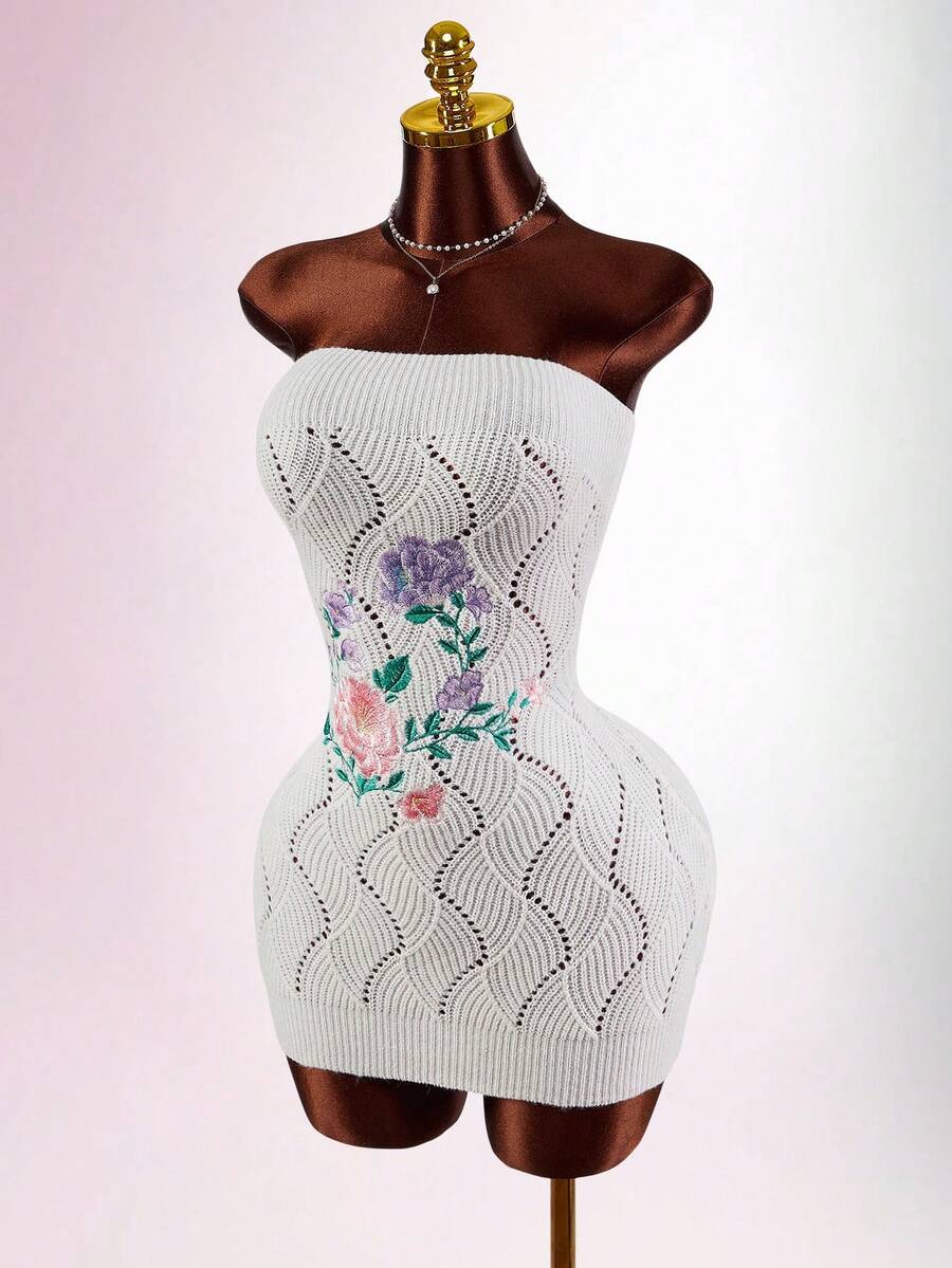 Amplova Women's Fashion Casual Embroidered Tube Top Sweater Mini Dress - Apricot - View 1