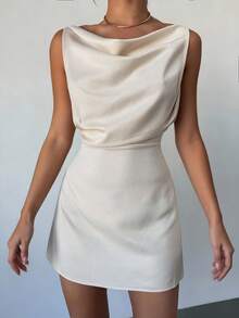 Firerie 杏色船领喇叭袖收腰褶皱连衣裙，春夏新款简约优雅日常通勤连衣裙，杏色缎面不对称褶皱领喇叭袖连衣裙，优雅时尚的办公室着装，秋季穿搭，场合礼服，婚礼宾客礼服 - 杏色 - 查看 2