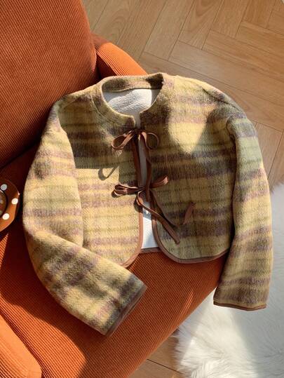 Comfortcana Winter Halloween Plaid Casual Short Lace-Up Long Sleeve Women's Wool Blend Jacket Autumn And Winter Multicolor Plaid Jacket Women's Autumn Clothing Women's Casual Wear Tweed Jacket Women's Cottagecore Clothing,Fall,Fall Clothes For Women,Women's Winter Clothes