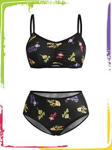 Teletubbies X ROMWE 女士卡通图案吊带背心文胸和内裤套装 - 黑色 - 查看 1