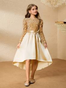 Elegantes Kleid für Mädchen im Teenager-Alter aus champagnerfarbenem Samt mit Pailletten, Langarm, tailliert mit Schleife, Rüschensaum aus Satin