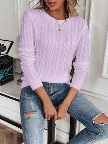 EMERY ROSE Casual Solid Color Crew Neck Sweater, Autumn - Mauve Purple - View 5